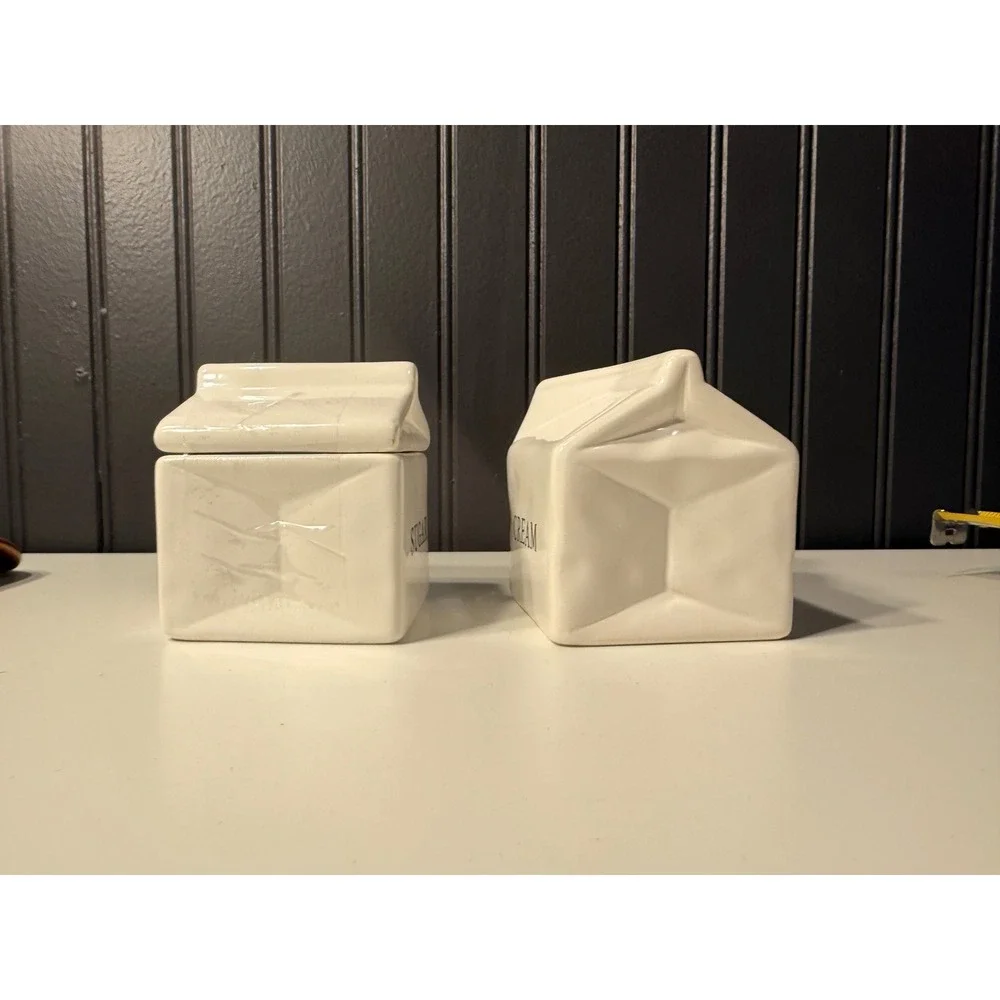 World Market White Ceramic Milk Carton Sugar and Creamer Set Stoneware